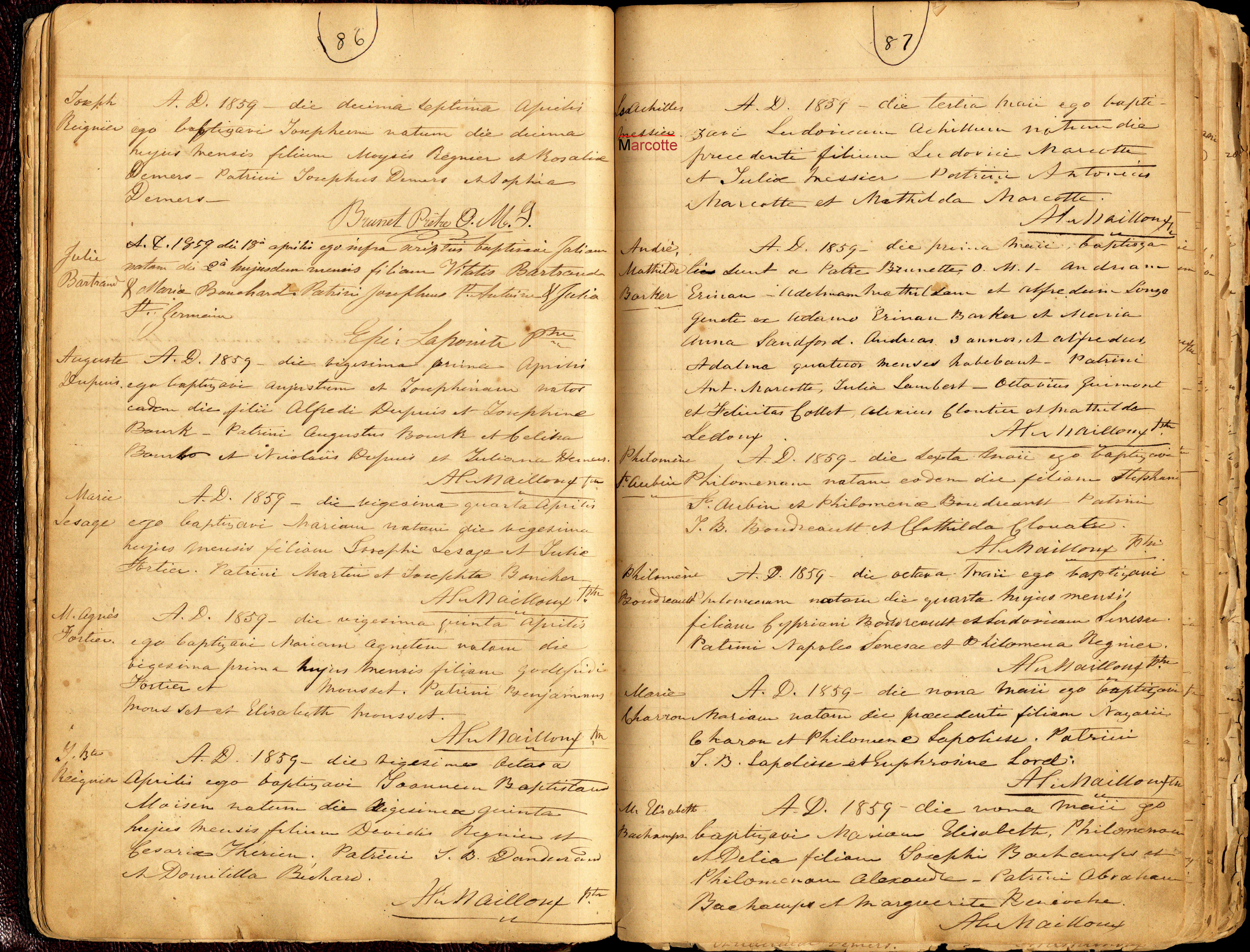 1859 baptism record for Louis Achilles/Archie Marcotte