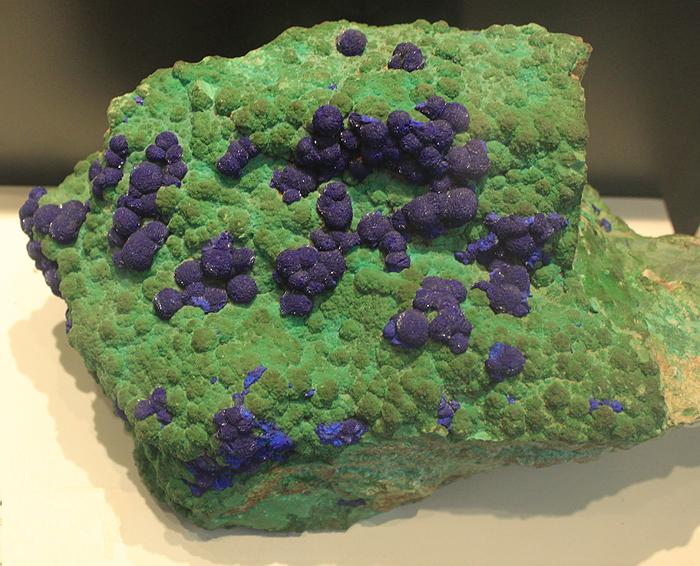 Green is malachite, natural luster with purplish-blue Azurite nodules